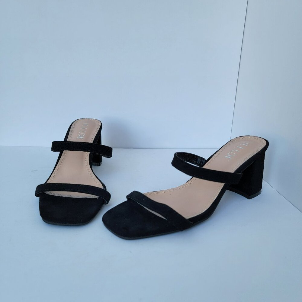 ILLUDE Lisa Block Heel Double Band Square Toe Heels Slip on Sandals Sz.7.5